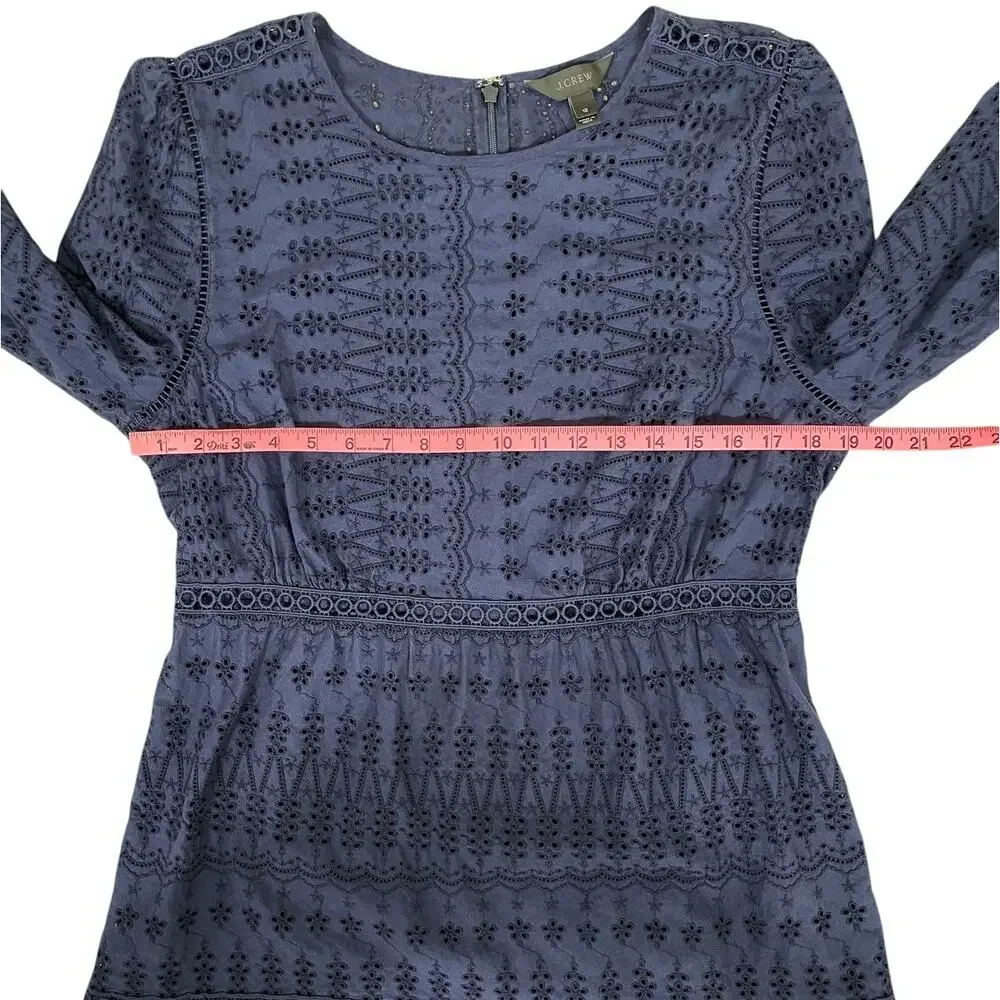 J. Crew Cotton Eyelet Lace Flutter Hem Dress Navy Blue Sz 12 Boho Chic Romantic